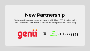 Genii Analytics and Trilogy BPO partnership announcement graphic. The heading reads ‘New Partnership’ with a subtext introducing their collaboration on Intelligence Led Outsourcing. Genii and Trilogy logos appear side by side with an ‘x’ between them on a light grey background.